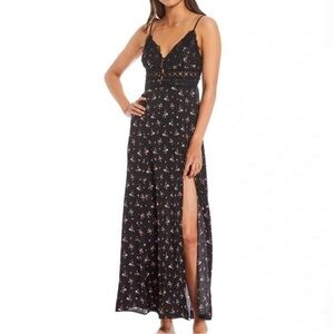 Free People Black and Pink Floral Lace Maxi Dress